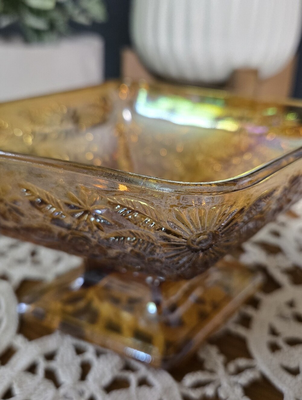 Amber Floral Pressed Glass Footed Compote